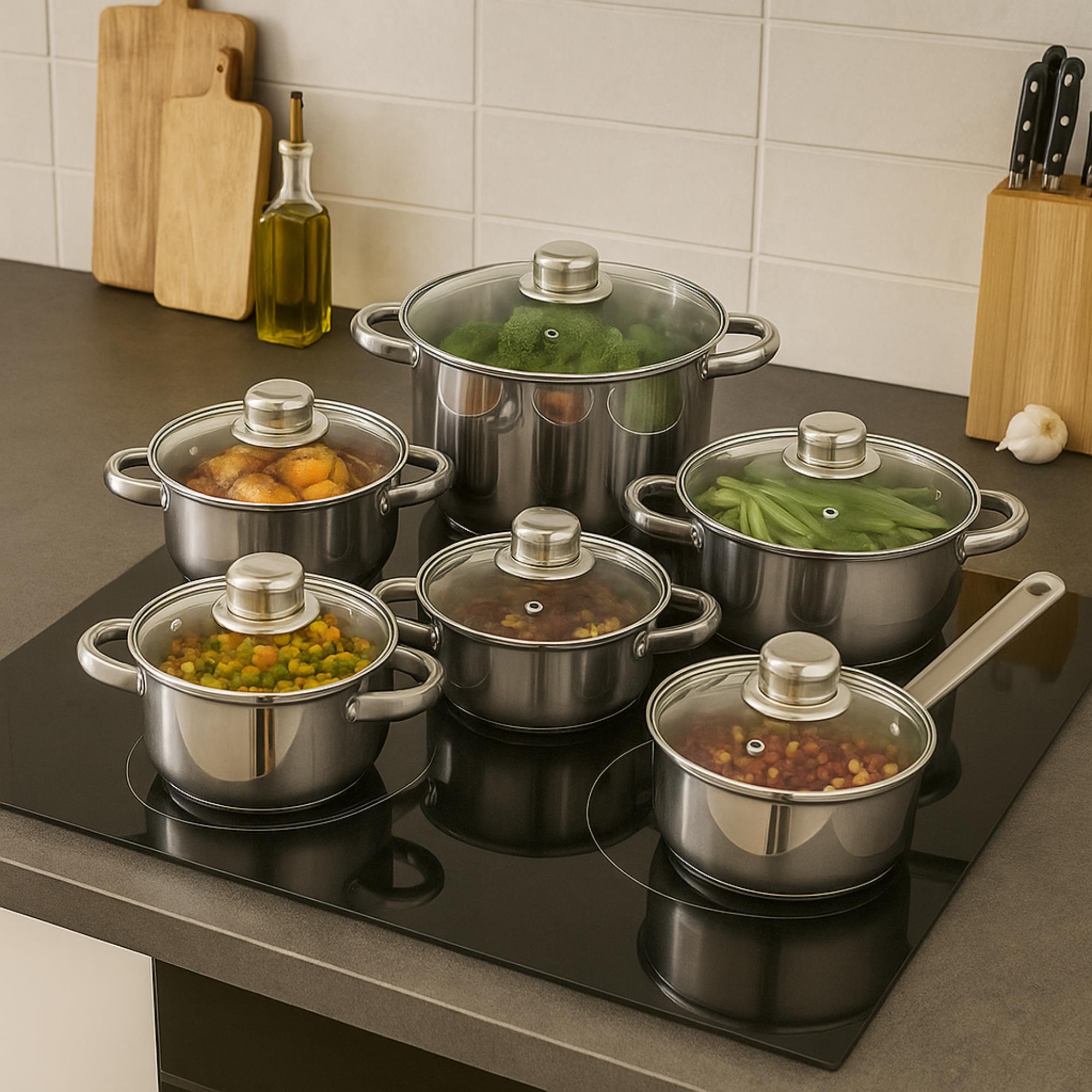 juego de batería de cocina de 12 piezas en acero inoxidable con bases de inducción y mangos ergonómicos