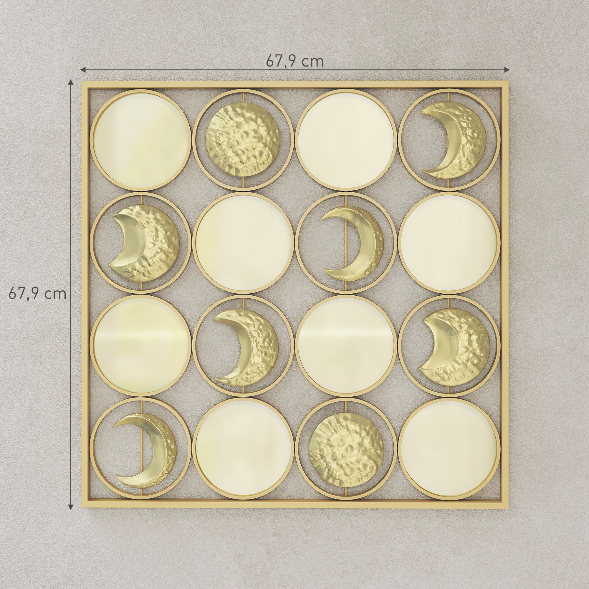 Decoración de Metal para Pared de Fases Lunares, Adornos de Pared Metálicos Multidireccional con 16 Discos, para Salón, Dormitorio, Pasillo, Dorado