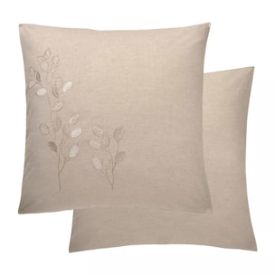 Taie d'oreiller pur coton lavé tissé teint brodé beige Monnaie du pape naturel