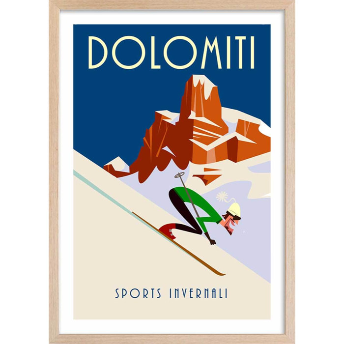 Poster ski et dolomites Affiche sous cadre bois