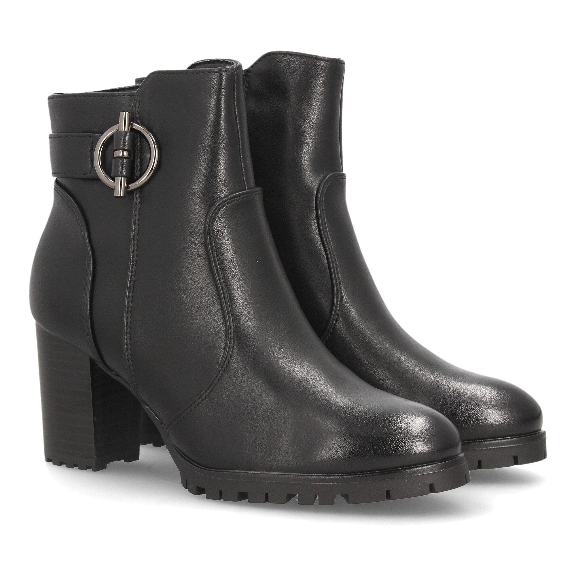 Botines de tacón con hebilla decorativa para mujer.