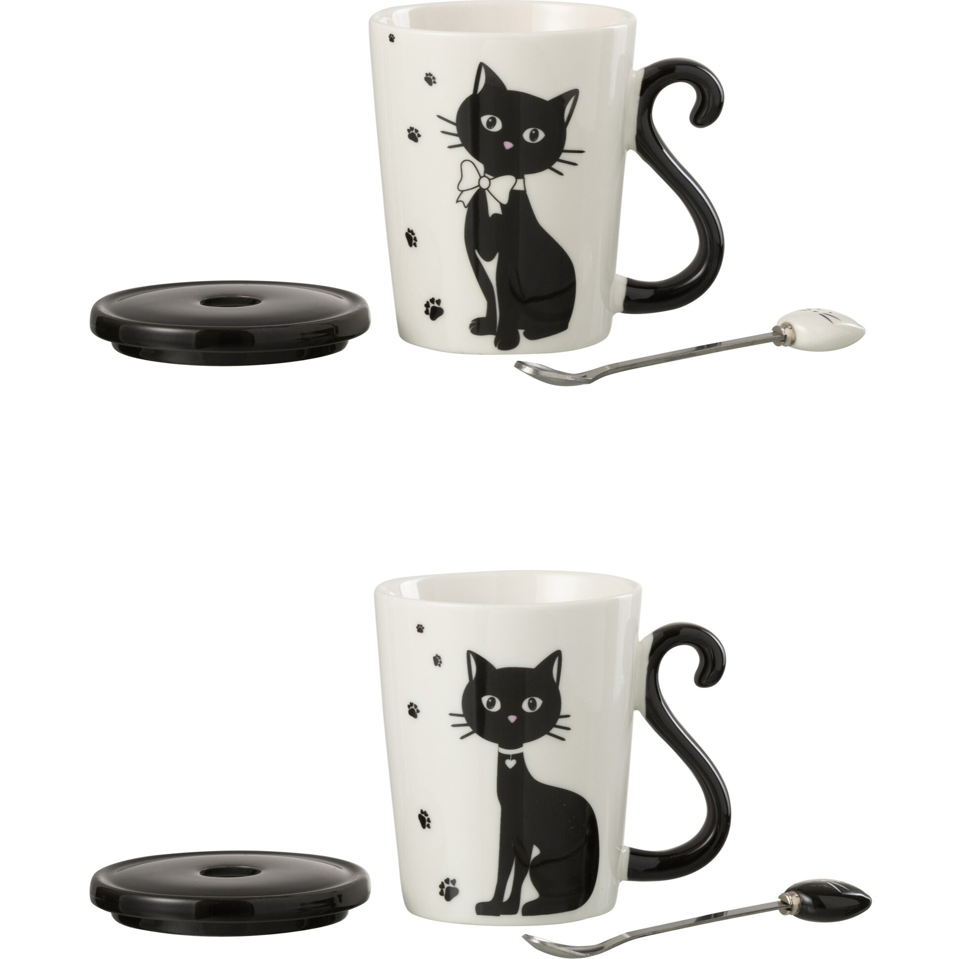 J-Line tasse Imprime Chat + Couvercle + Cuillère - porcelaine - blanc/noir - 2 pcs
