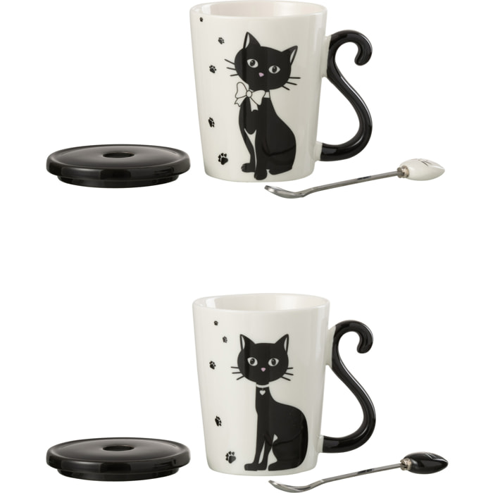J-Line tasse Imprime Chat + Couvercle + Cuillère - porcelaine - blanc/noir - 2 pcs