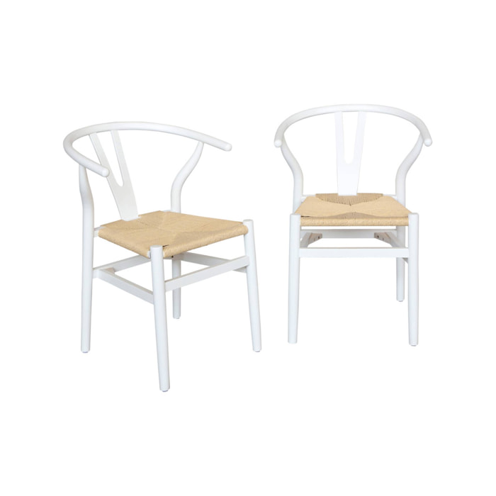 Lot de deux chaises vintage blanches en bois d'hévéa avec assise en cordes et dossier arrondi