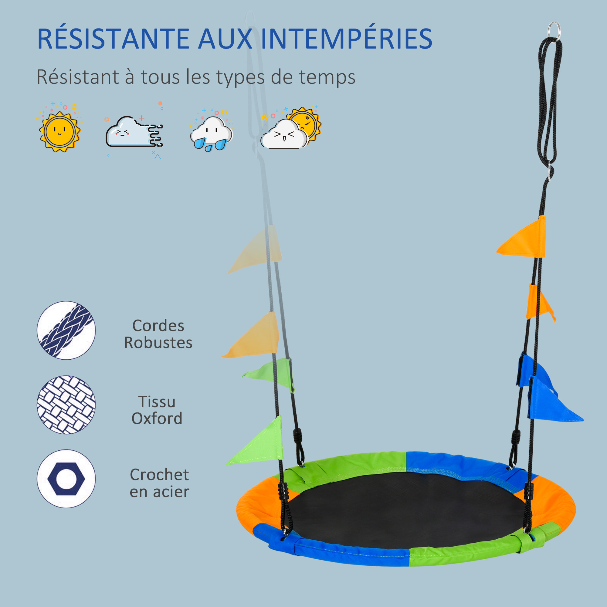 Balançoire nid d'oiseau ronde balançoire panier Ø 100 cm 2 anneaux inclus métal époxy PP Oxford haute densité drapeaux multicolores