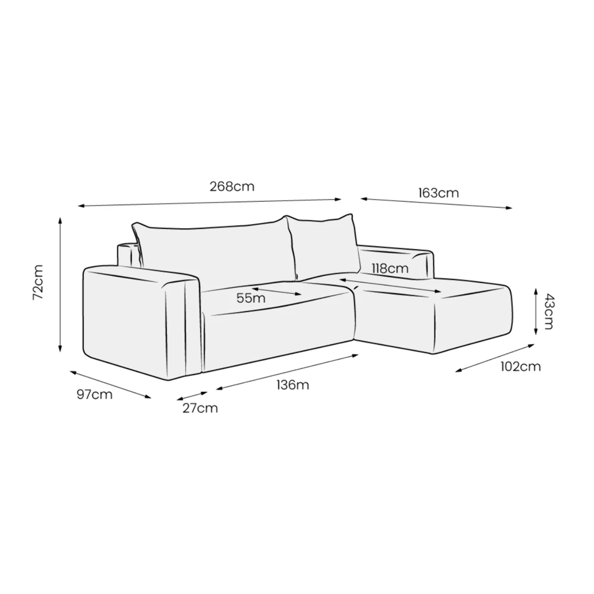NALA - Canapé d'angle droit convertible 4 places en tissu orange