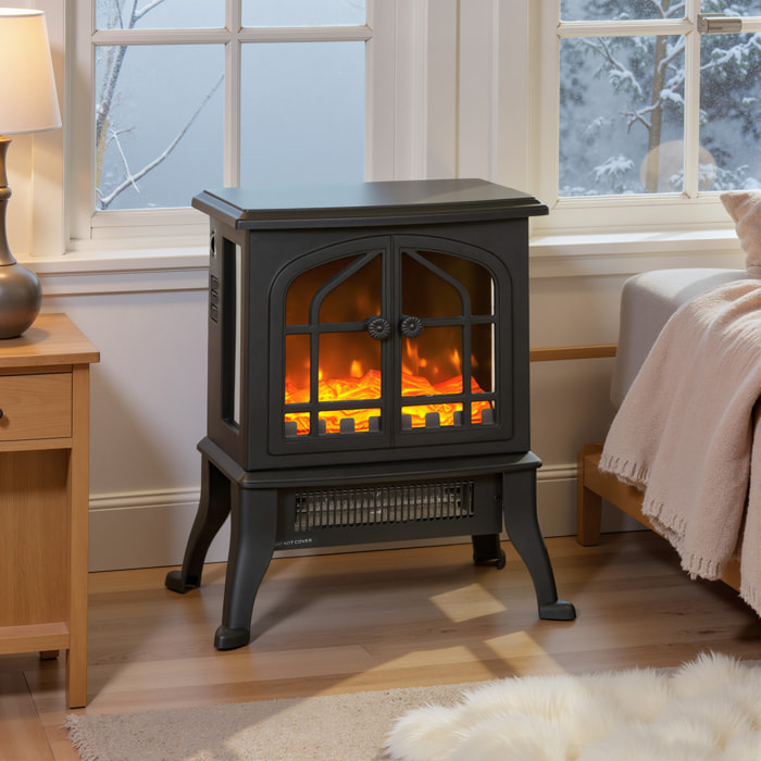 Chimenea Eléctrica de Pie, Chimenea Decorativa, 900/1800W, Efecto Llama 3D, 2 Niveles de Potencia, Termostato Ajustable, Ventanas Visibles, para 15-30 ㎡, Negro