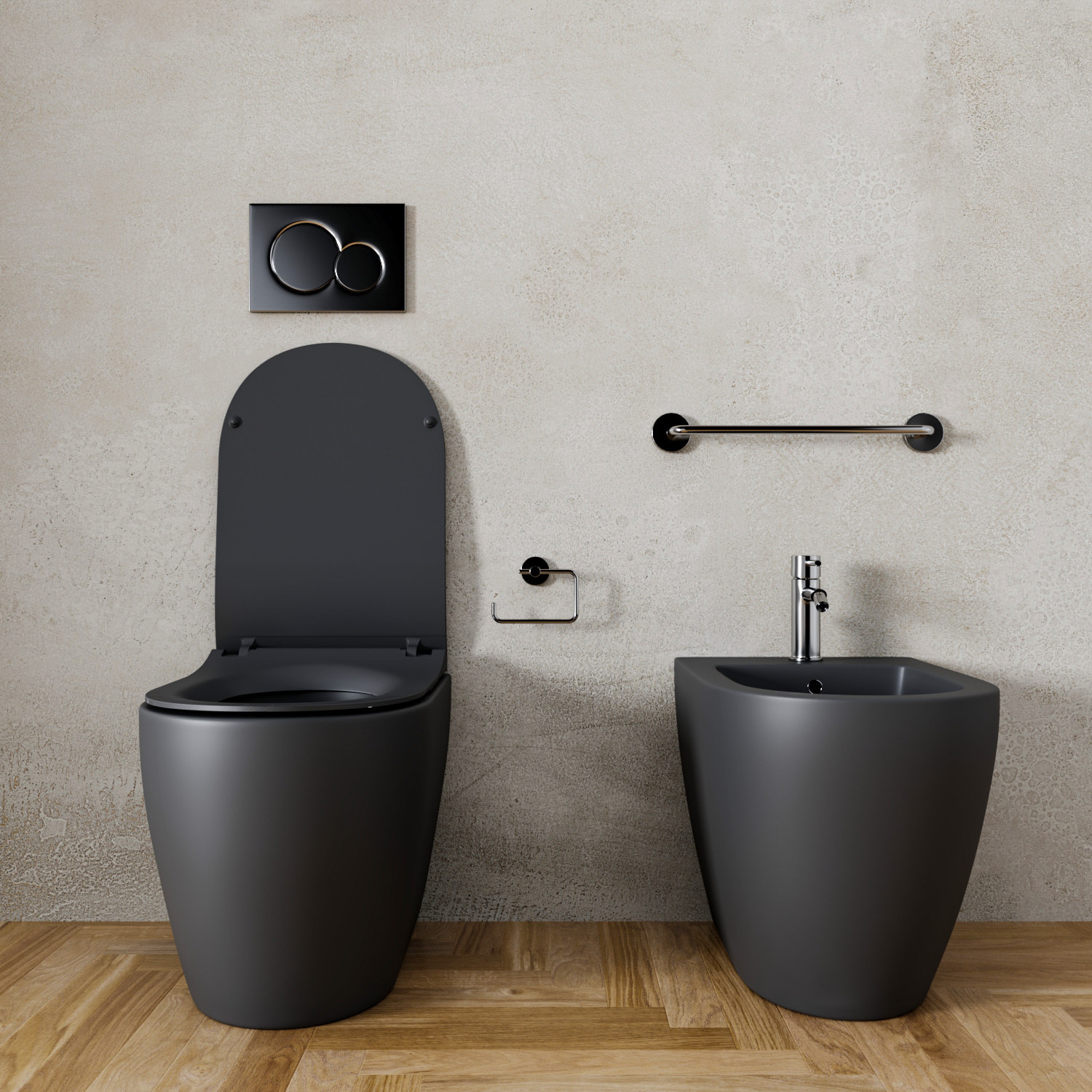 Coppia Sanitari Filomuro Filo Muro Filo Parete Vaso WC E Bidet Design Moderno Ceramica Copriwater Chiusura Soft Close Chiusura Rallentata Nero Opaco