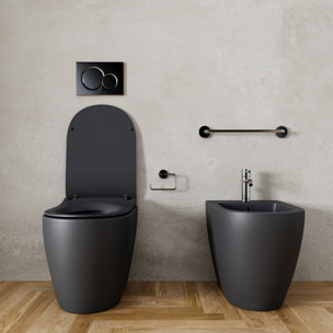 Coppia Sanitari Filomuro Filo Muro Filo Parete Vaso WC E Bidet Design Moderno Ceramica Copriwater Chiusura Soft Close Chiusura Rallentata Nero Opaco