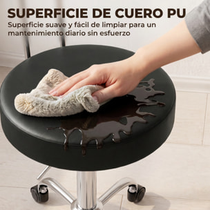 HOMCOM Taburete con Ruedas, Taburete Giratorio con Respaldo, Altura Regulable, Tapizado en Cuero Sintético, Asiento Acolchado, para Spa, Tatuajes, Oficina, Dormitorio, Negro