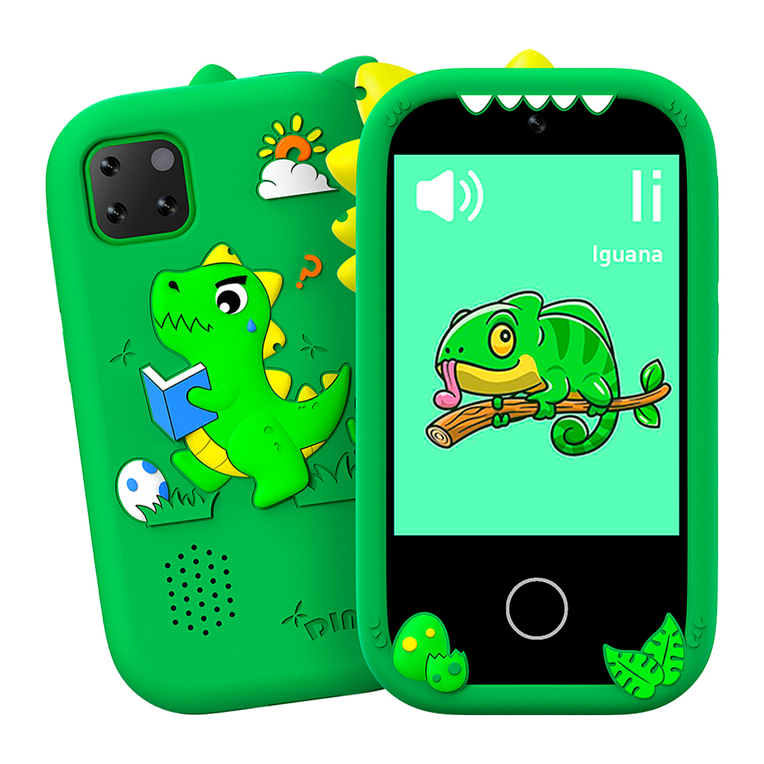 Teléfono infantil con 18 juegos y aprendizaje en inglés, con cámara dual y grabación de video. Pantalla táctil de 2,8". Sin posibilidad de SIM o llamadas. Funda de silicona de dinosaurio.