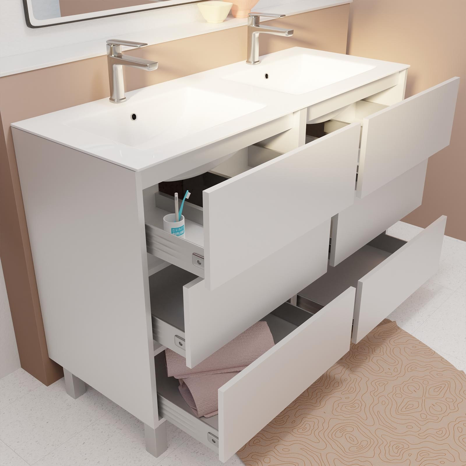 Pack Meuble Salle de Bains 120 cm Laqué Blanc, 6 tiroirs avec Vasque Céramique - XENOS