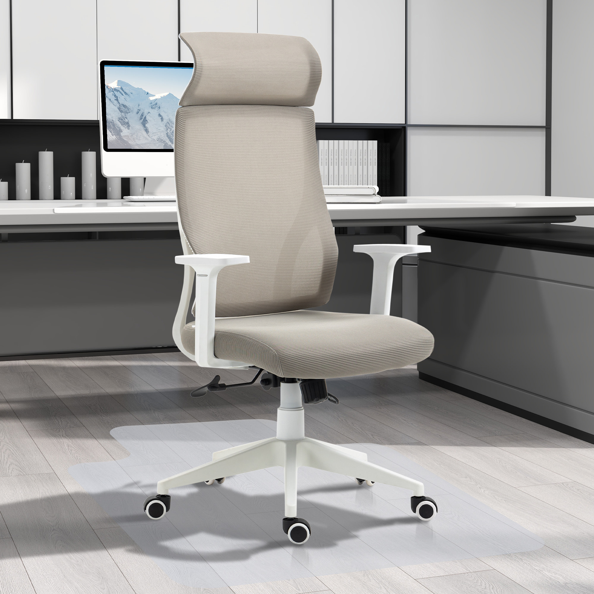 Conjunto de Oficina Incluye 1 Silla de Oficina Reclinable con Ruedas y Altura Ajustable 64x61x120,9-128,9 cm y 1 Alfombra Protectora de Suelo 90x120 cm Gris y Transparente