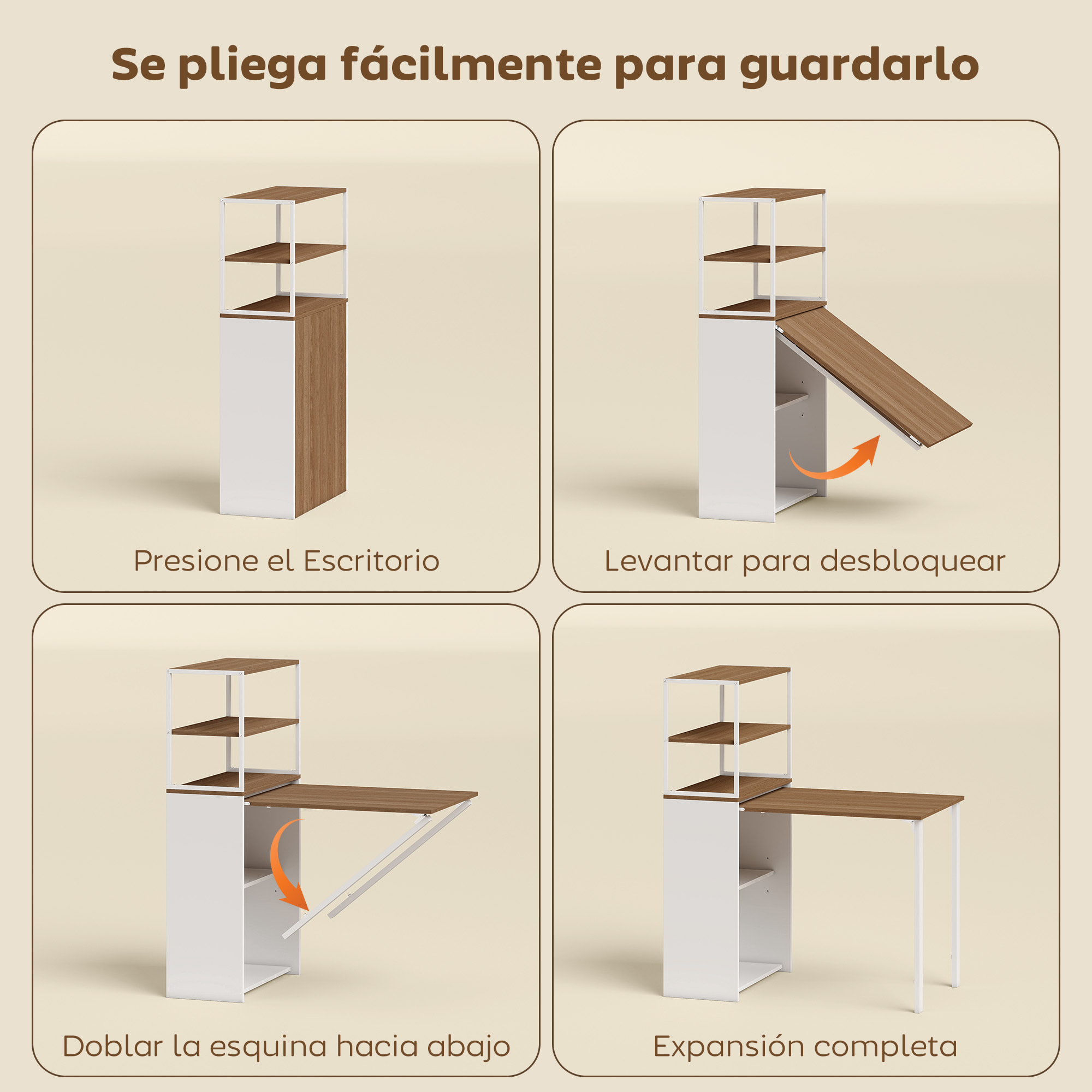Escritorio Plegable con Estantería, Mesa de Escritorio con 4 Estantes, Mesa de Ordenador para Espacios Pequeños, Estudio, Oficina en Casa, 105x60x127 cm, Natural