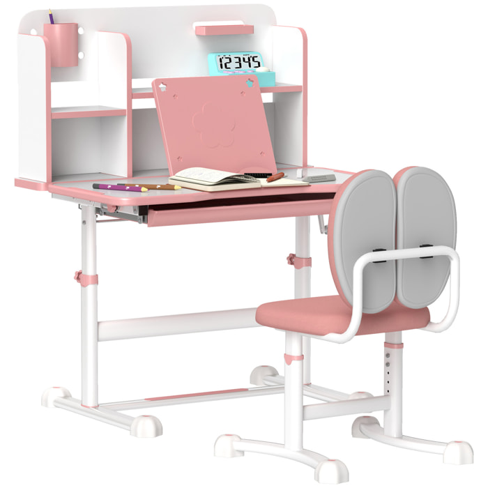 Juego de Escritorio y Silla para Niños de +3 Años, Pupitre Infantil Altura Ajustable con Tablero Inclinable, Cajón y Estantes, Respaldo Acolchado, para Libros, 80x55x107,5 cm, Rosa