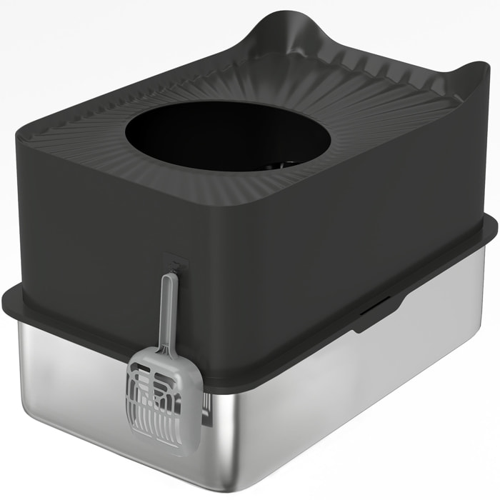 Maison de toilette XL 65L design - bac à litière grande taille 60 x 40 x 38 cm - acier inox ABS noir
