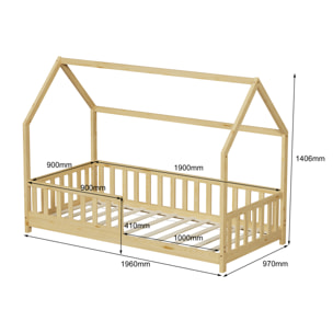 Lit Cabane Tchoupi 90 x 190 cm, Couleur Bois, Bois de Pin Naturel, avec barrières latérales de sécurité