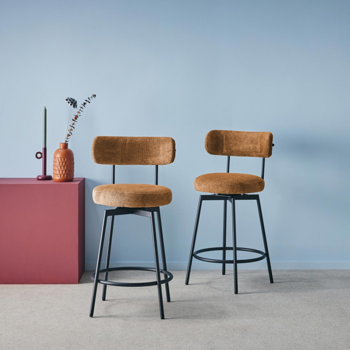 Lot de deux tabourets de bar assise rotative métal noir et tissu camel - L 50 x P 50 x H 92cm - Iris