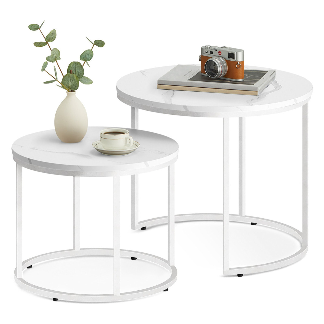 Set di 2 tavolini da salotto a incastro effetto marmo bianco