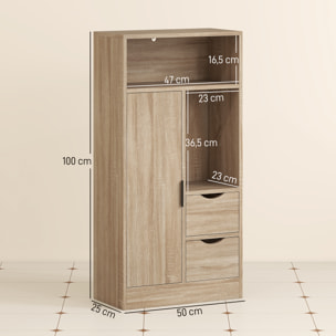 Mueble de Baño Estrecho Armario de Baño con 2 Cajones Compartimento Abierto y Estantes Ajustables para Espacio Pequeño Cocina Salón 50x25x100 cm Natural