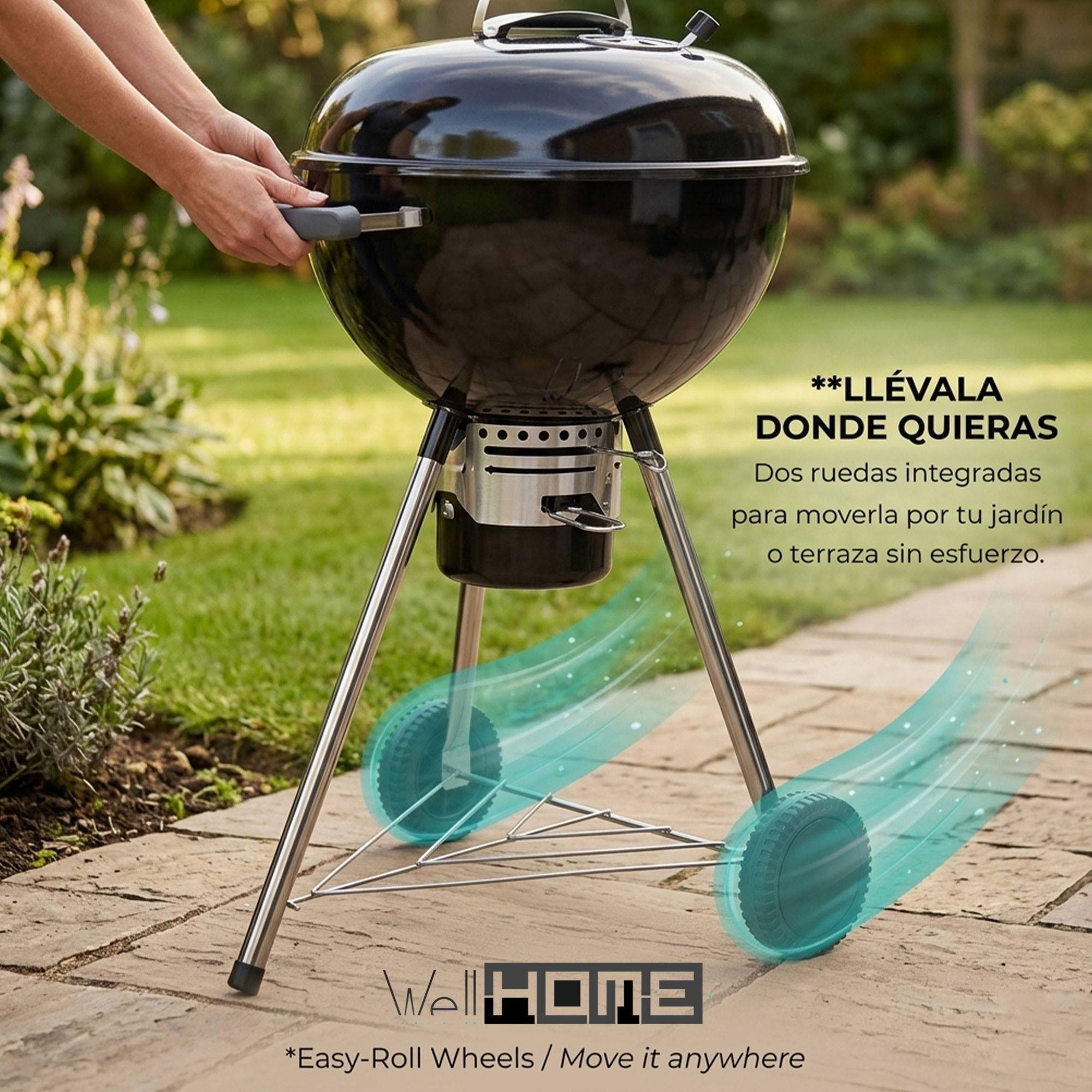 Barbacoa de Carbón con Tapa y Ruedas Ø54 cm - Parrilla Cromada de 45 cm y Rejilla para Carbón - Para Jardín con Patas de Acero Inoxidable