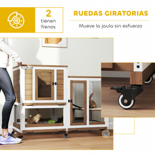 Conejera de Madera de 2 Niveles Jaula para Conejos con 6 Ruedas 2 Escaleras 3 Bandejas Extraíbles Puertas con Cerraduras y Zona Abierta Conejera para Interior 110x50x86 cm Marrón y Blanco