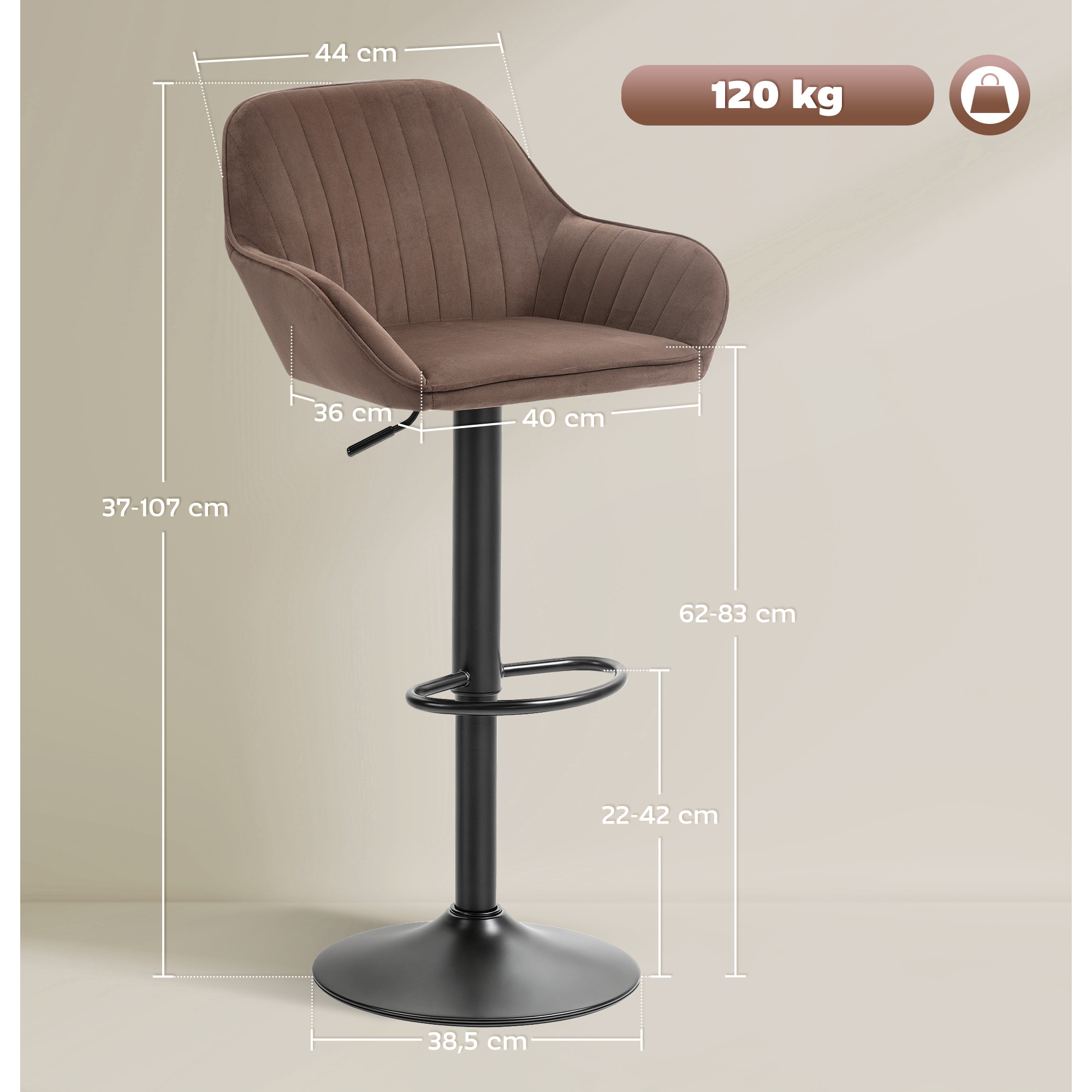 Juego de 2 Taburetes de Bar Giratorios, Taburetes Altos de Cocina con Altura Ajustable 62-83 cm, Sillas Altas de Cocina, Tapizada en Terciopelo, Respaldo y Reposapiés, Marrón