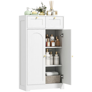 Armario de Baño Estrecho, Mueble Auxiliar de Baño, 60x30x108 cm, con 2 Cajones, Estante Abierto y Puerta con Panel Arqueado, Estilo Moderno, para Espacios Pequeños, Blanco Veteado