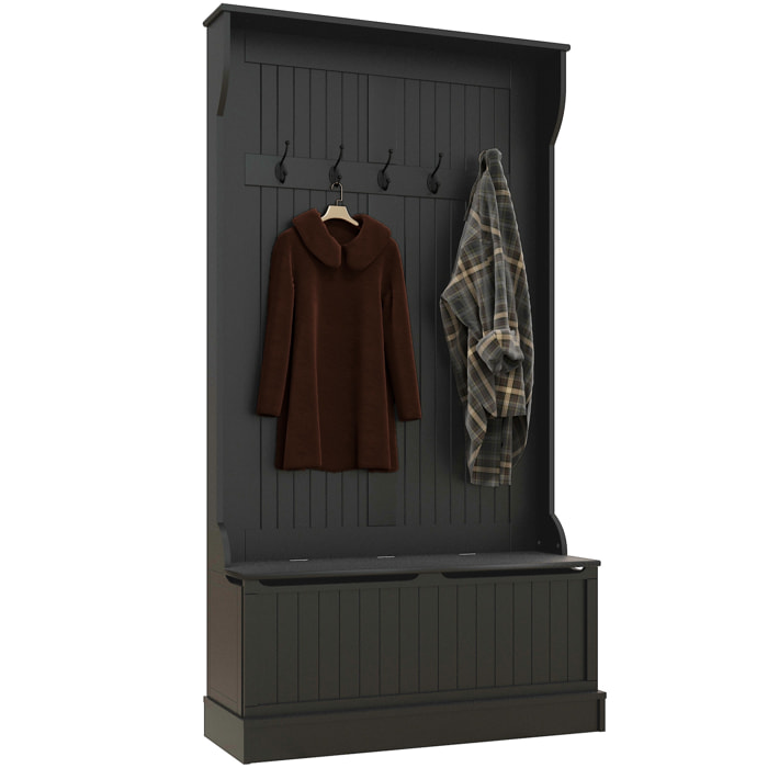 Perchero Zapatero, Perchero Entrada Recibidor con Banco de Almacenamiento y 5 Ganchos, Estilo Moderno, para Pasillo Dormitorio, 96x34x179,7 cm, Negro
