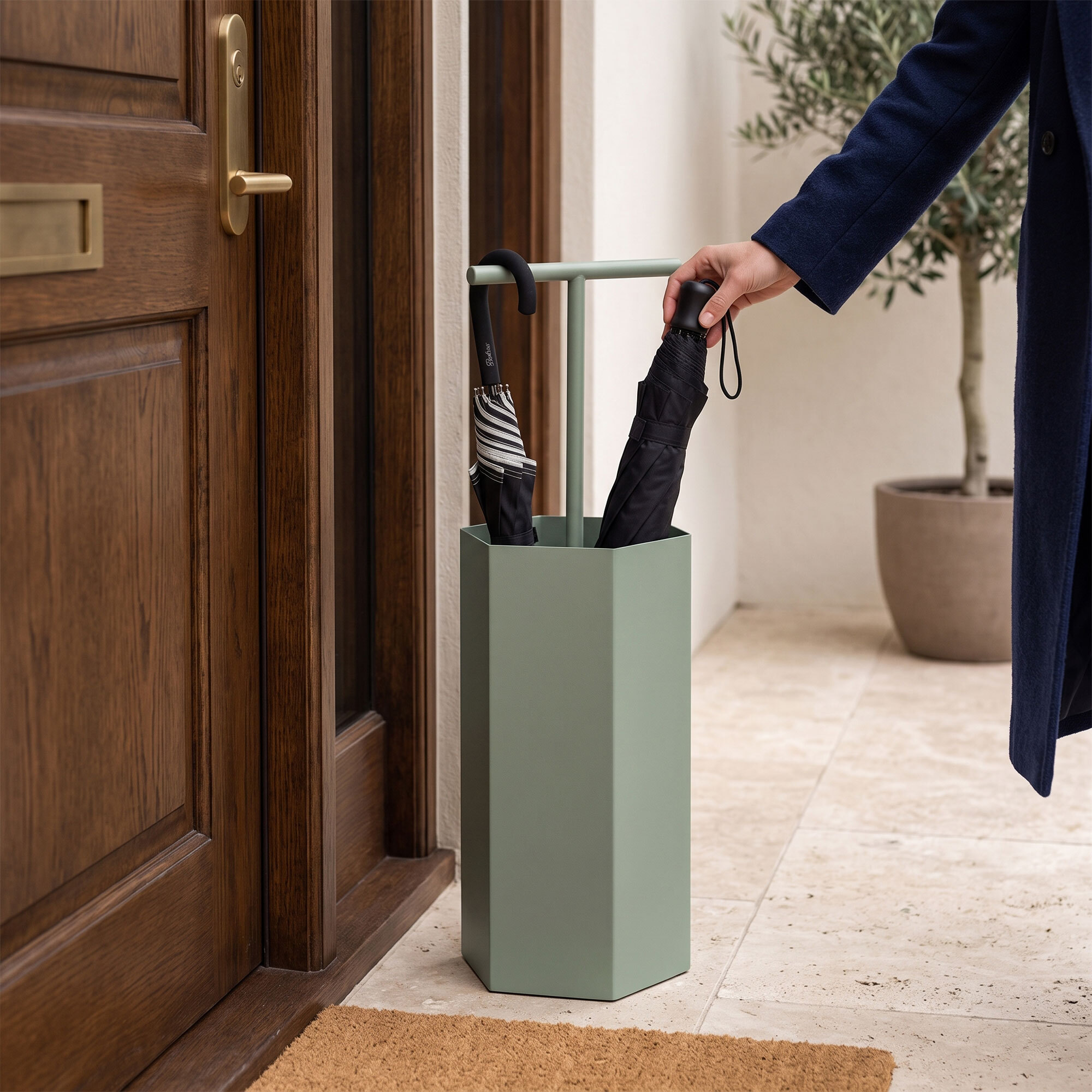 Ohm - Portaombrelli di Design 25x72x22 cm con Feritoia di Svuotamento acqua in Metallo Salvia