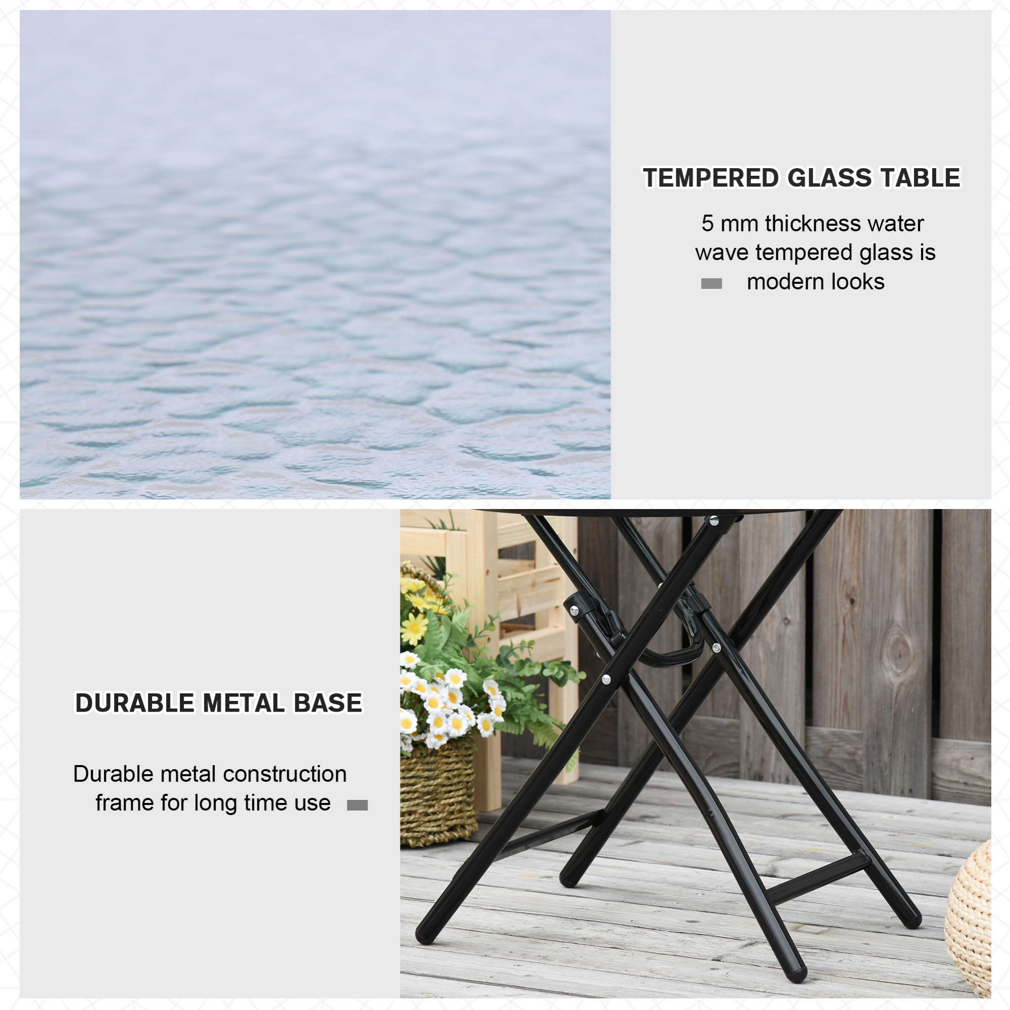 Table basse ronde bistro de jardin Ø 45 x 50H cm pliable métal époxy noir plateau verre trempé