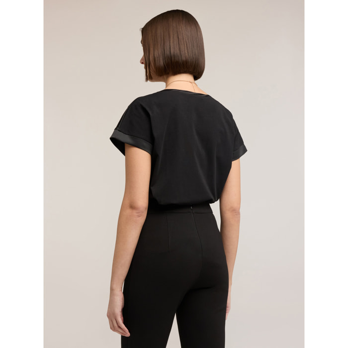 Motivi - T-shirt bimaterica misto cotone - Nero