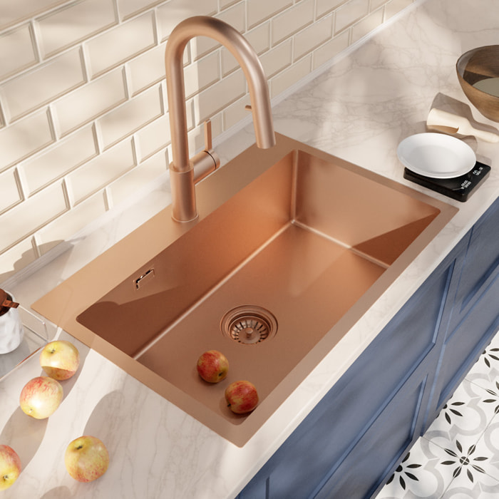 Timeless 55x45x21 cm évier encastrable en inox 304 + mitigeur inox avec douchette extractible, cuivre brossé (TMLKST-5545BCP-M2)