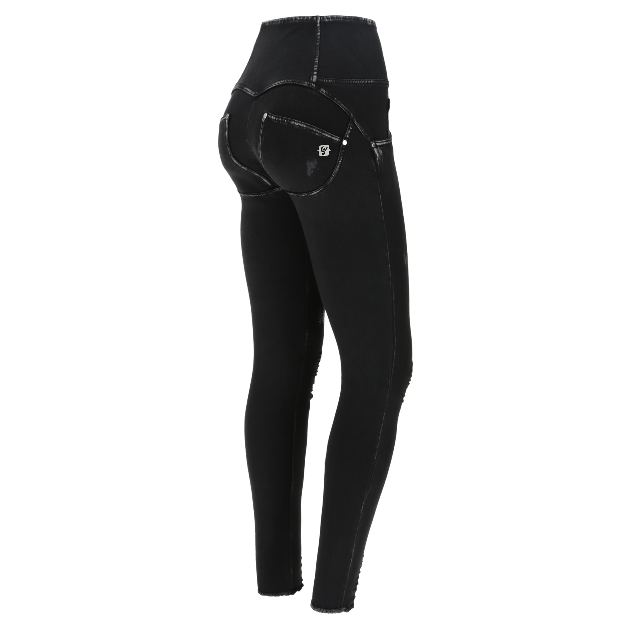 Jeans WR.UP® vita alta eco denim navetta spalmato nero con strappi