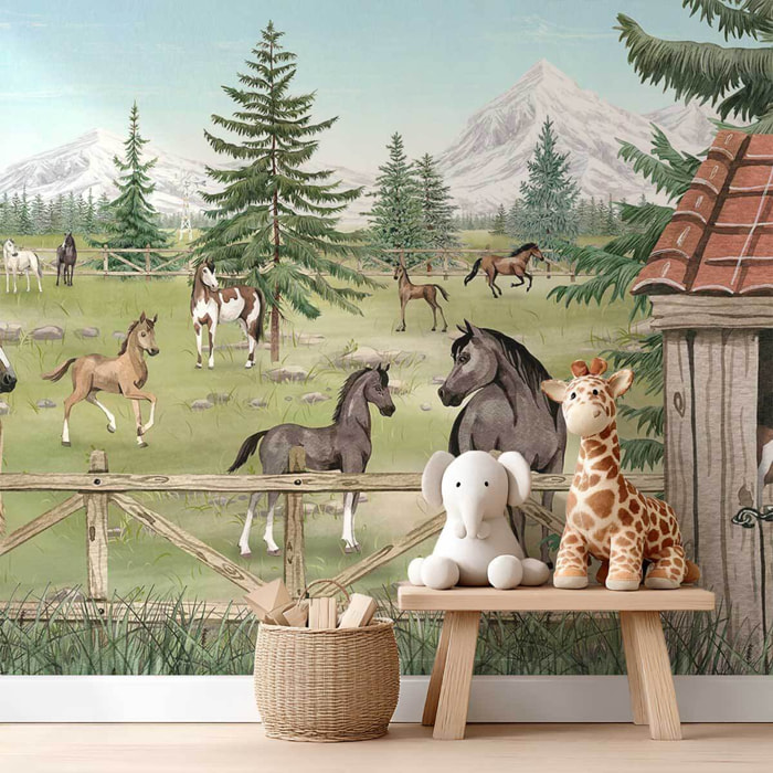 Papier peint chevaux et western chambre garçon Intissé