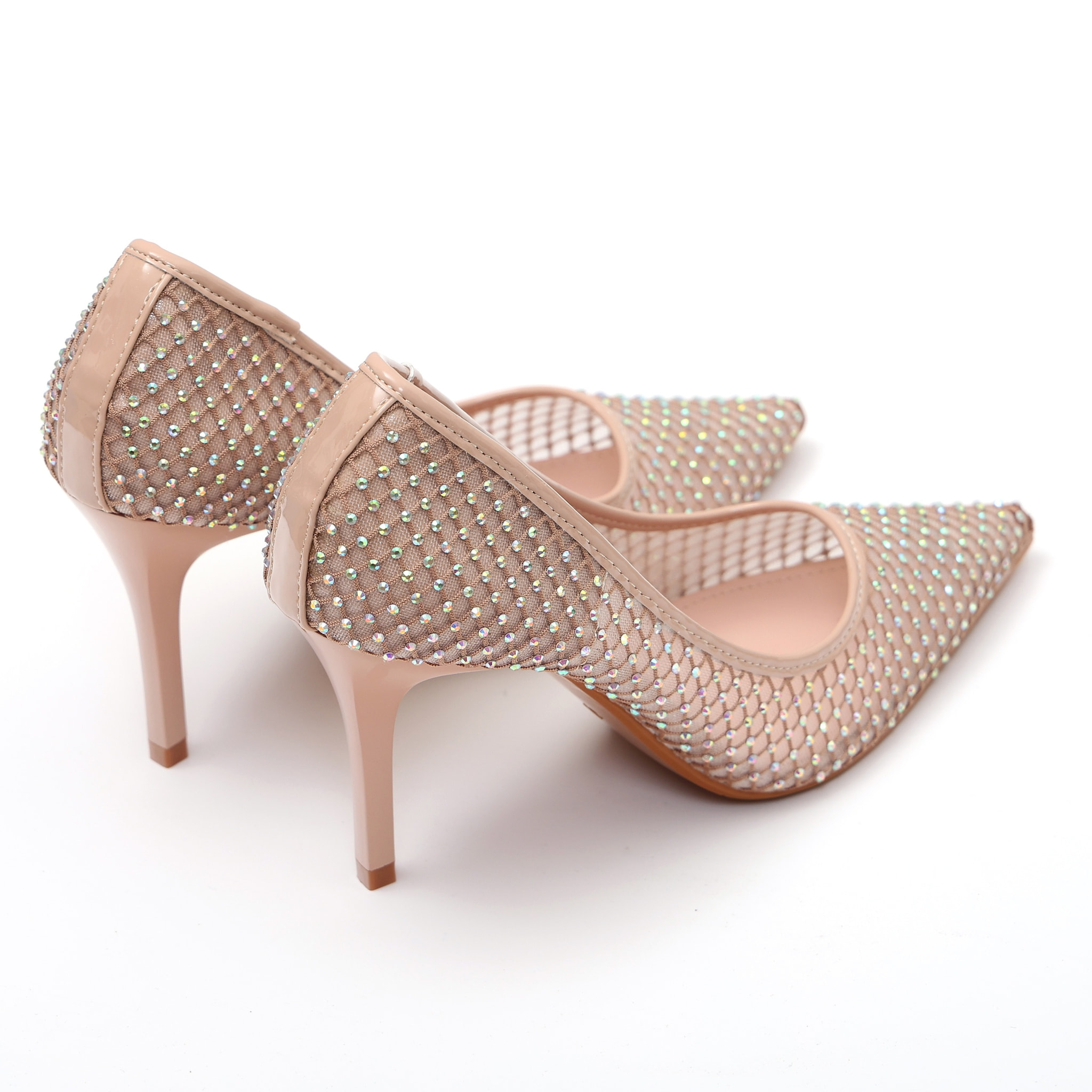 Dècolletè pumps in simil pelle con tomaia bucherellata ricoperta di strass