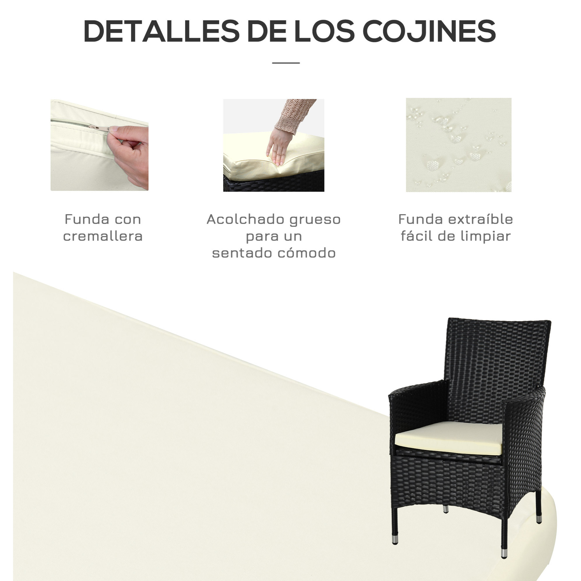 Conjunto de Muebles de Exterior de Ratá¡n 1 Mesa 2 Sillas Estructura Metal Negro