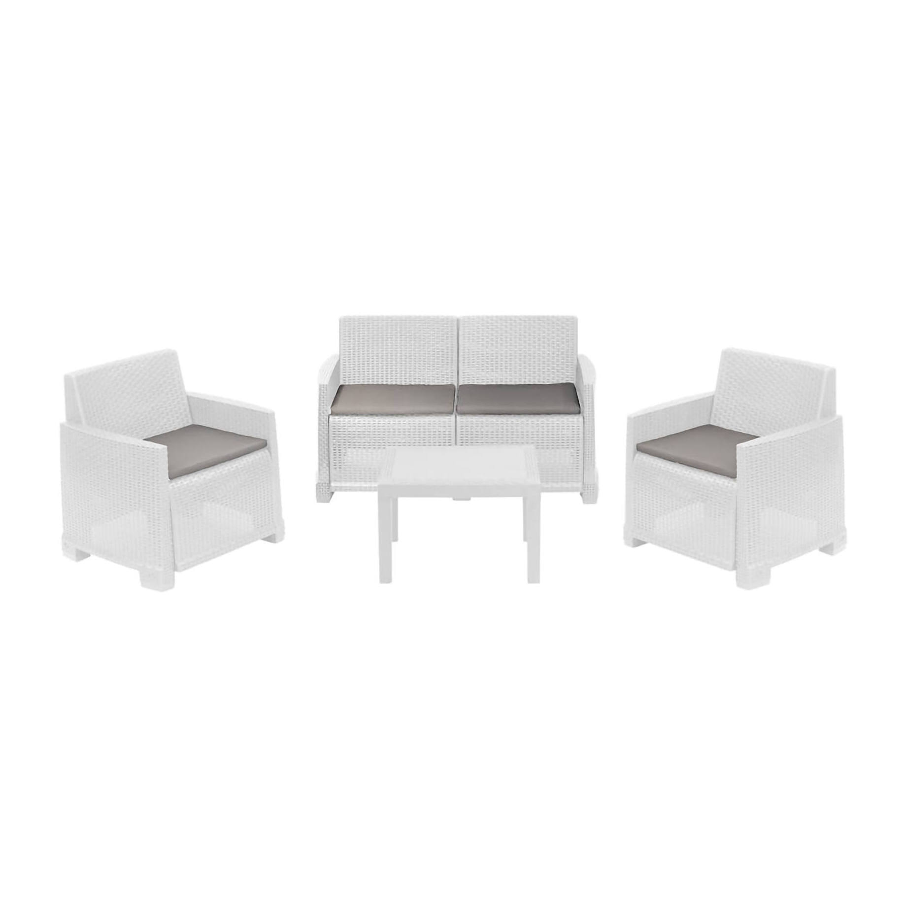 Set salotto da esterno Dbagnolin, Set da giardino con 2 poltrone, 1 divano e 1 tavolino, Effetto rattan con cuscini, 100% Made in Italy, Bianco