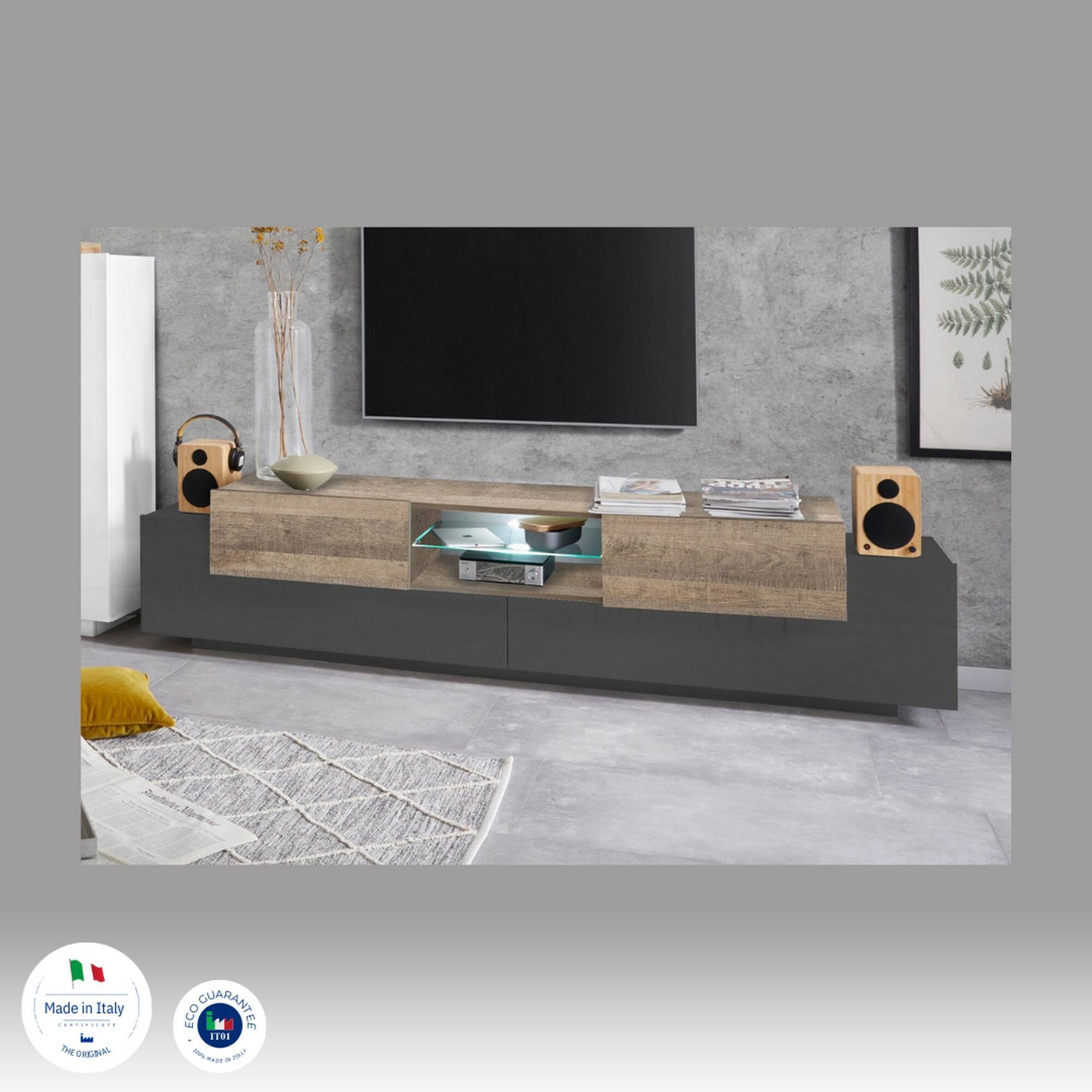 Mobile porta TV Vincenzo, Credenza bassa da soggiorno, Base porta TV, 100% Made in Italy, cm 220x40h51, Antracite e Acero