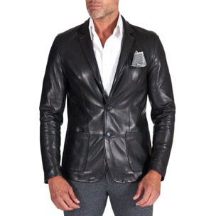 Blazer in pelle nappa nera con taschino e fazzoletto