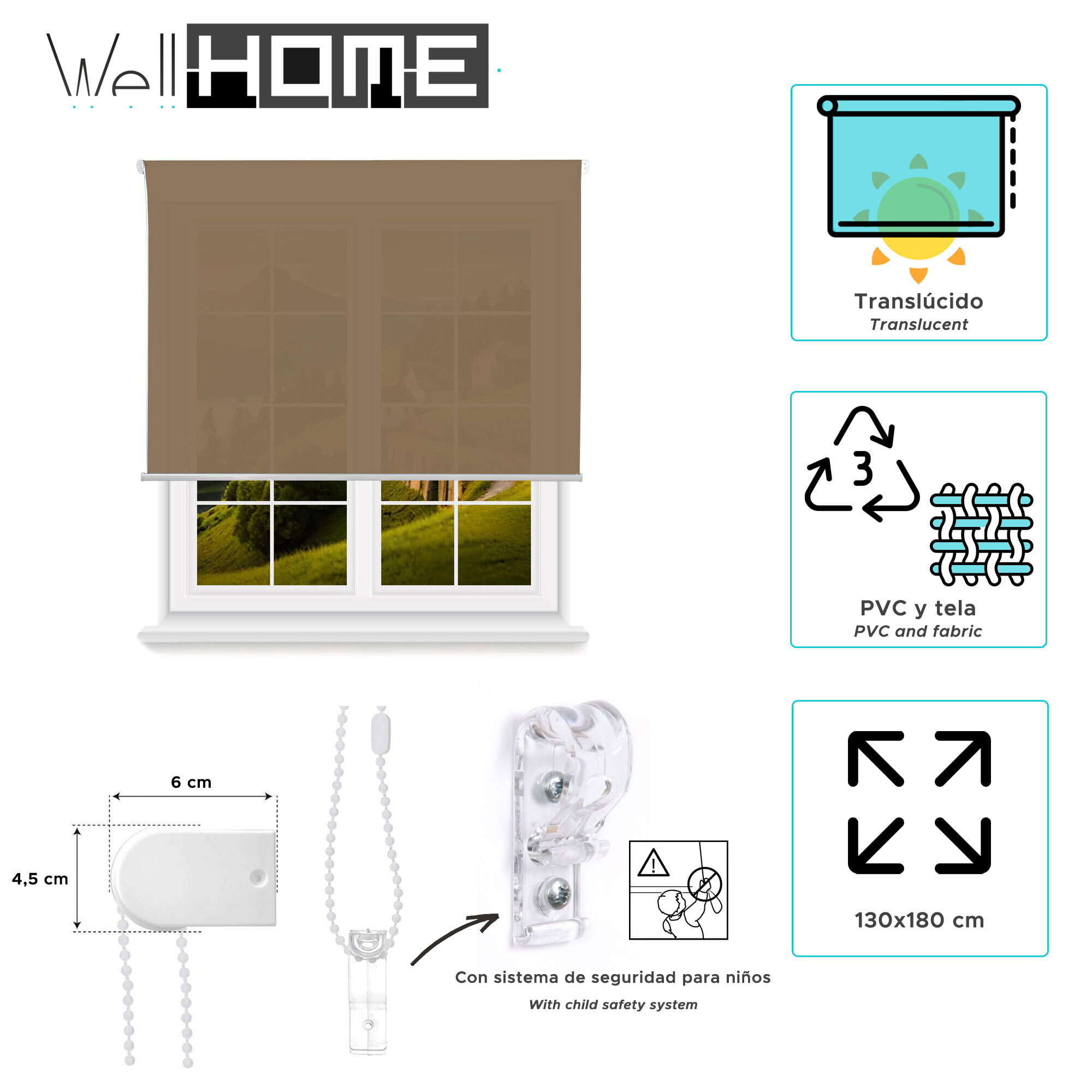Well home estor enrollable translúcido liso - marrón claro, 130 x 180cm (ancho x largo)/tamaño de la tela 127 x 175cm