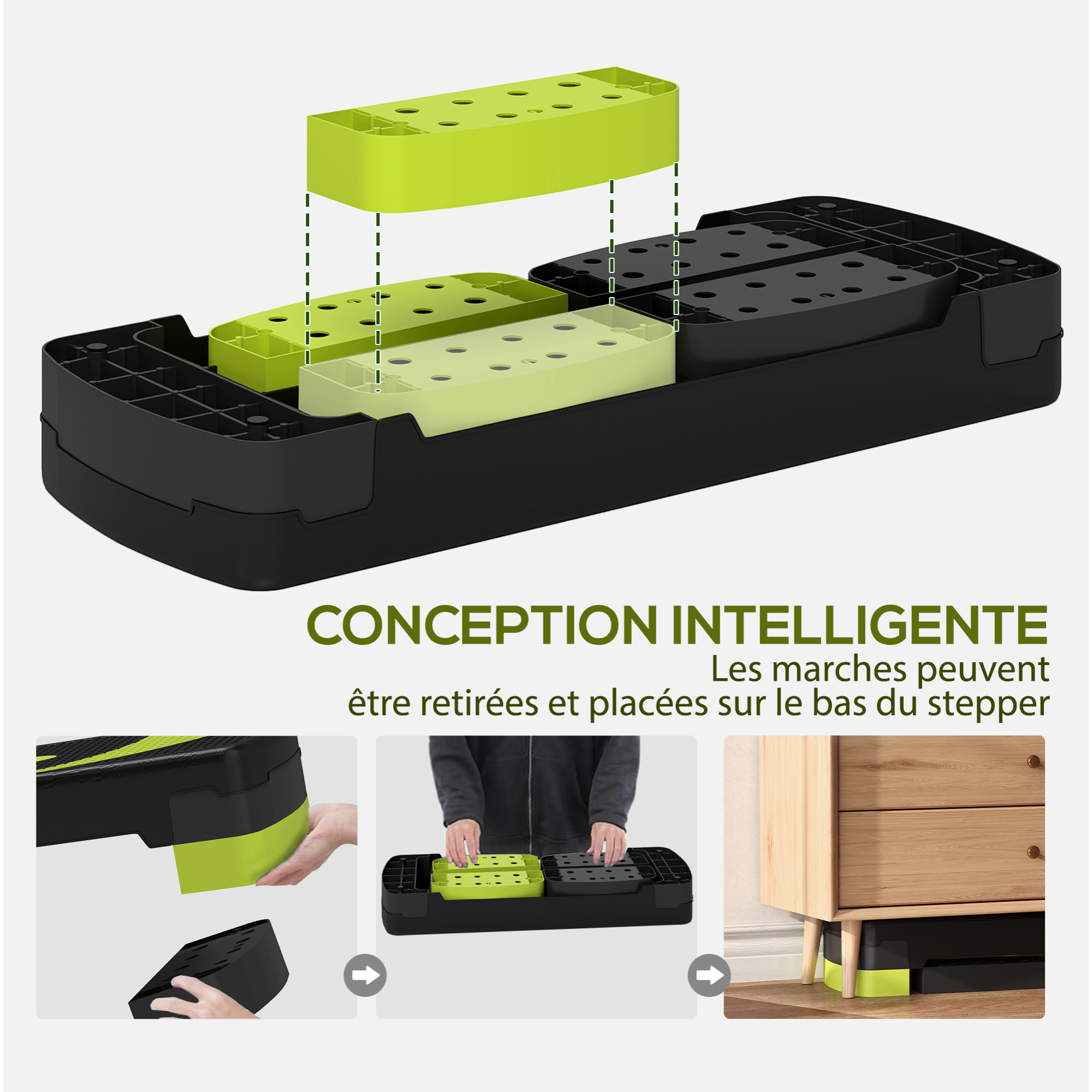 Stepper Fitness Aérobic hauteur réglable surface antidérapante 80 x 31 x 20 cm noir vert