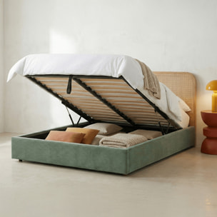 Lit coffre adulte 140x190 cm en velours côtelé avec tête de lit en bois et cannage - ELSA