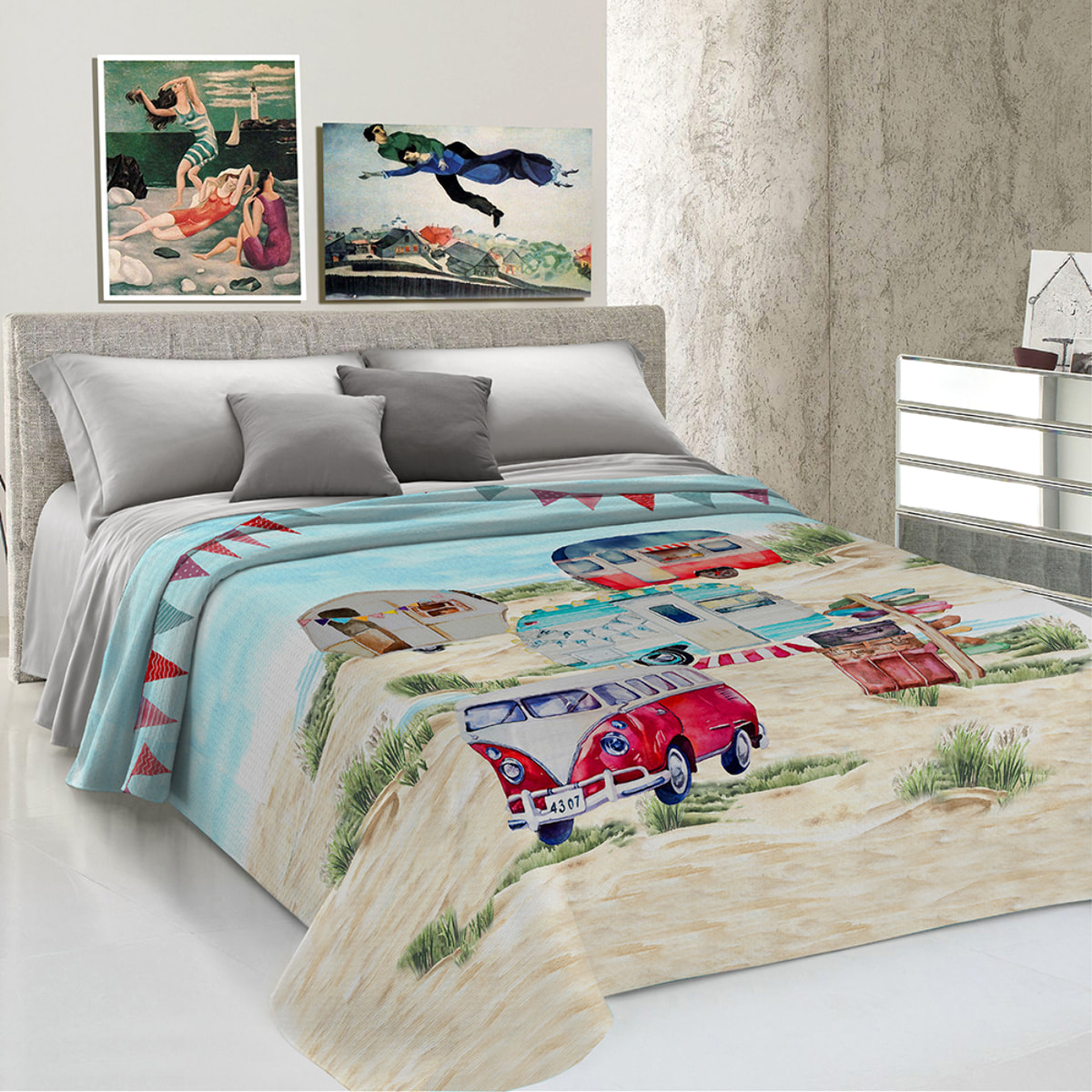 Copriletto di cotone stampa digitale furgoncini matrimoniale