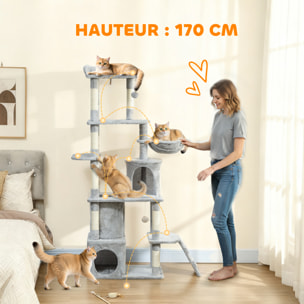 Arbre à chat design gris clair multi-activités - zones de repos, griffoirs - H.170 cm