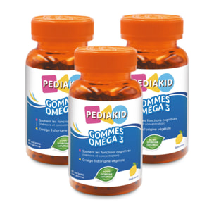PEDIAKID - Gommes Oméga 3 - Formule Naturelle au Délicieux Arôme de Citron - Soutient les Fonctions Cognitives - Favorise la Croissance et le Développement Cérébral - Lot de 3 piluliers