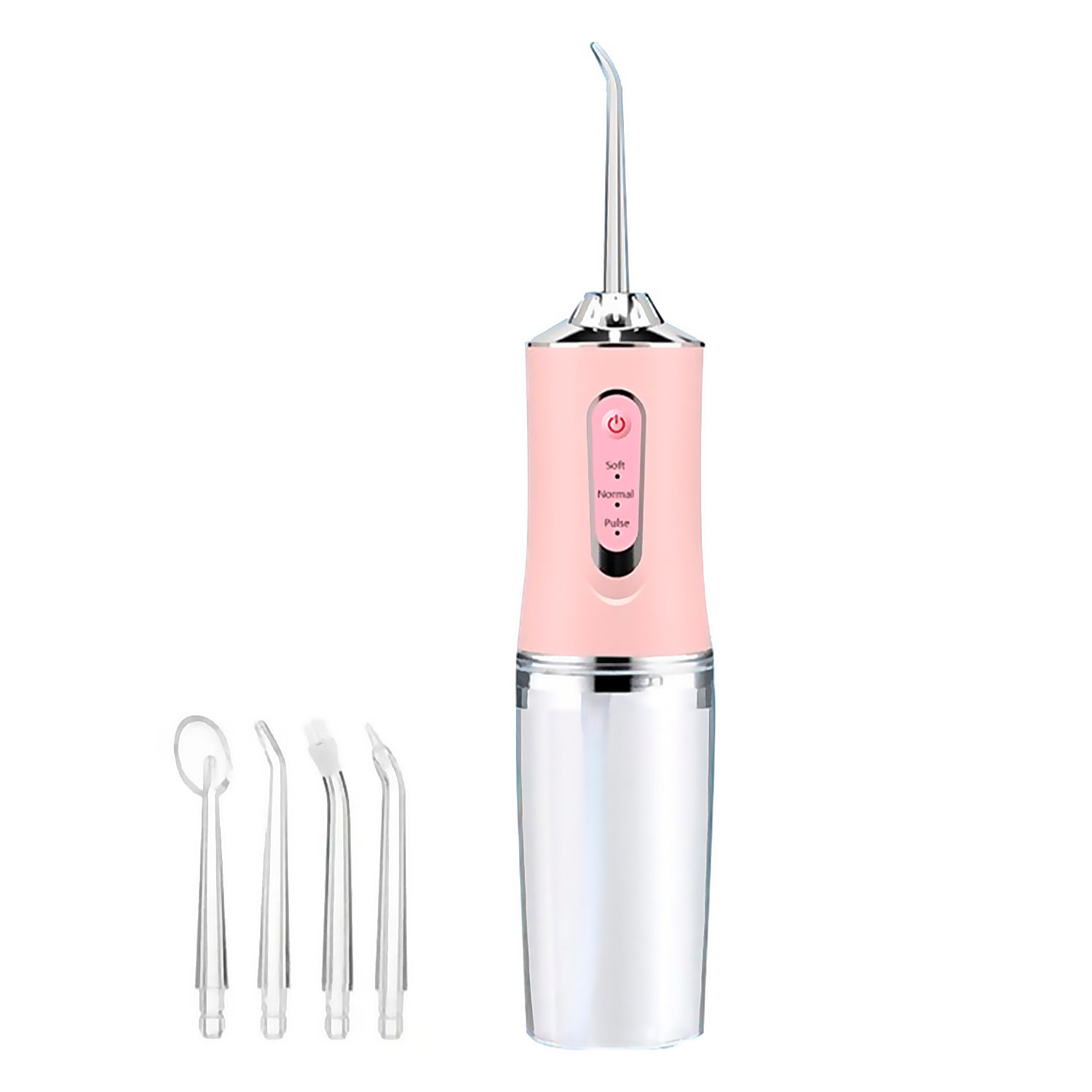 Irrigador bucal recargable con 4 boquillas. Déposito de 230ml, rotación de 360° y 3 modos de uso.