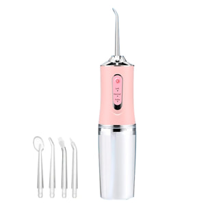 Irrigador bucal recargable con 4 boquillas. Déposito de 230ml, rotación de 360° y 3 modos de uso.