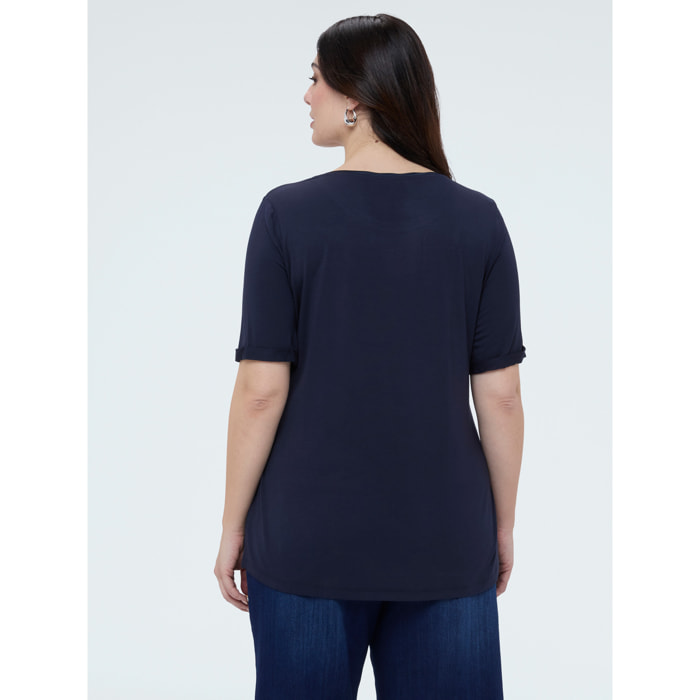 Fiorella Rubino - T-shirt bimaterica con scollo tondo - Blu