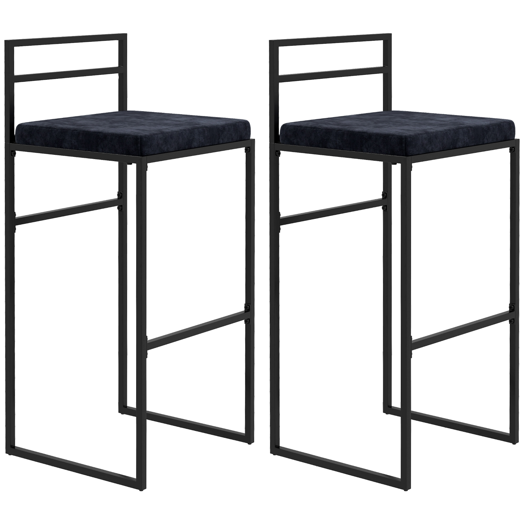 Lot de 2 tabourets de bar design - coussin, repose-pied, dossier intégrés - acier velours noir